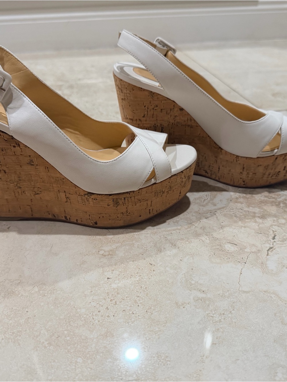 Christian Louboutin White Leather Cork Wedge Slingbacks